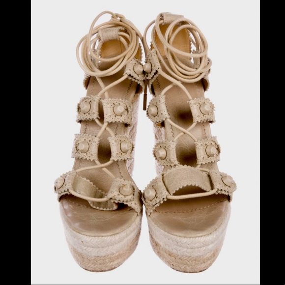 BALENCIAGA Tan Leather Lace Up Espadrille Wedges Platform Sandals Sz 39 $825 - Picture 3 of 5